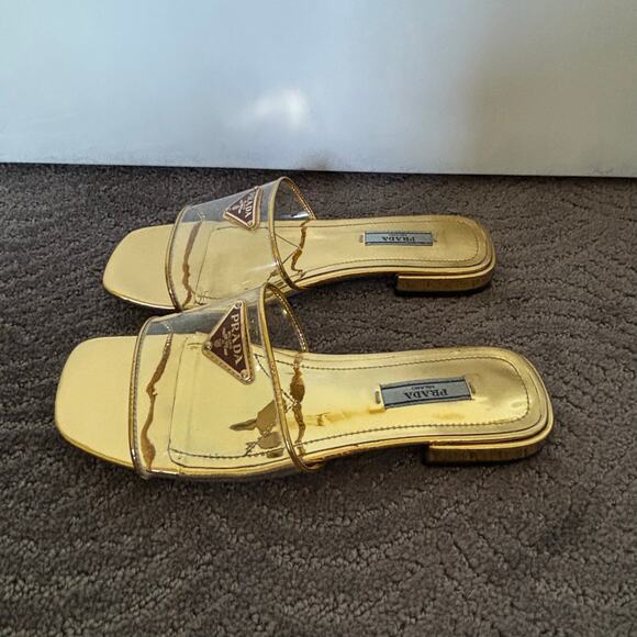 Prada Ciabatte Clear PVC Enameled Triangle Logo Flat Sandal Platino Gold Size 37 - Picture 4 of 14